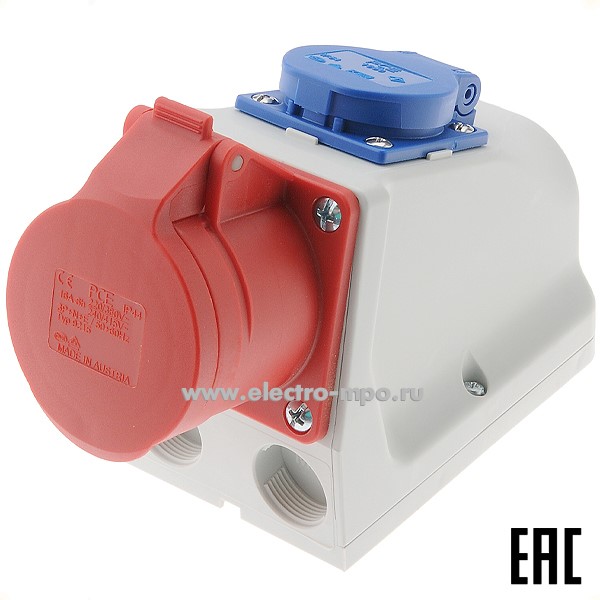 Ю9464. Розетка 9215-6 на поверхность 3Р+N+Е 16А + 1 розетка "евр" 16А IP44 (PCE Австрия)