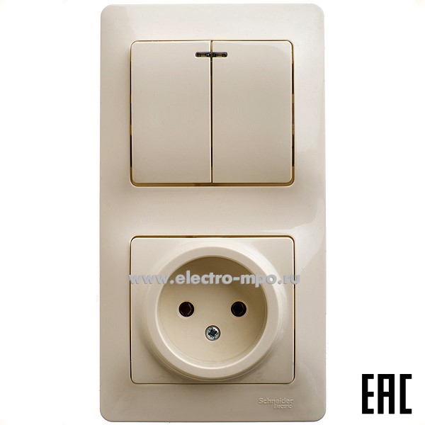 Р16. Блок Glossa GSL000273 выкл. 2кл.с подсветкой + розетка с/п бежевый (Systeme Electric)