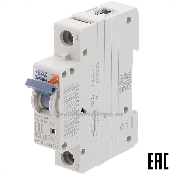 А1149. Автоматический выключатель OptiDin ВМ-63-1C10 10А/1п/ 6кА на Din-рейку 260501 (КЭАЗ)