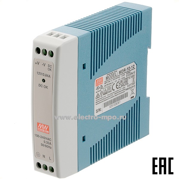 К9951. Блок питания MDR-10-12 1ф выход 12В пост. тока 0,84А стабилизированный  (Mean Well)