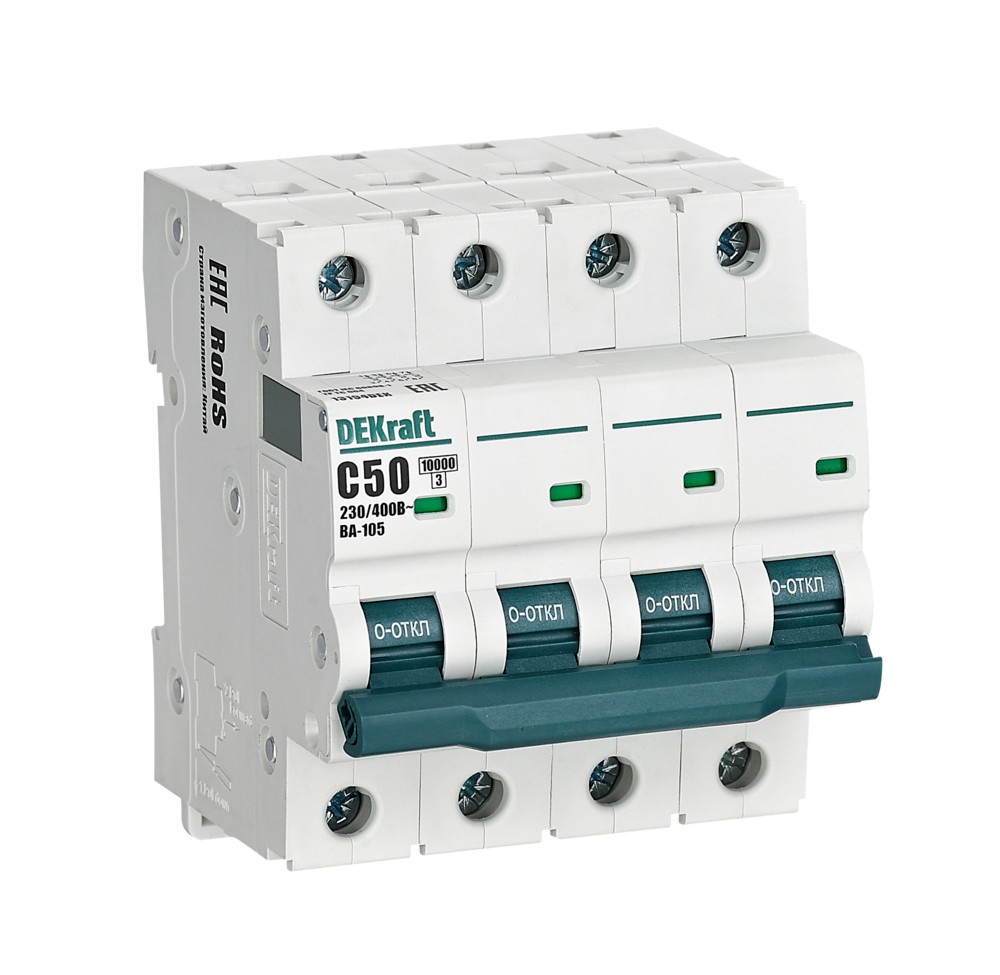 А01. Автоматический выключатель ВА-105 13194DEK 4P 50A х-ка C 10кА (DEKraft)
