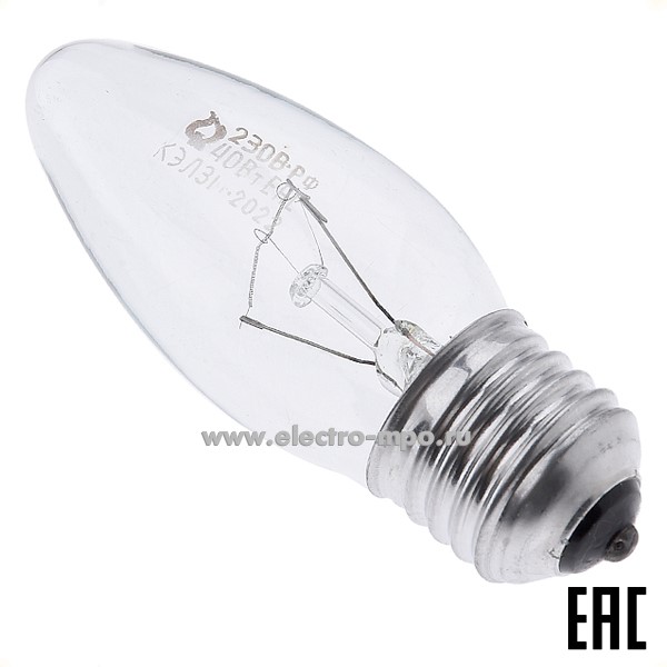 Л6465. Лампа 40Вт ДС 230-40 Е27 накаливания "свеча" прозрачная (КЭЛЗ)