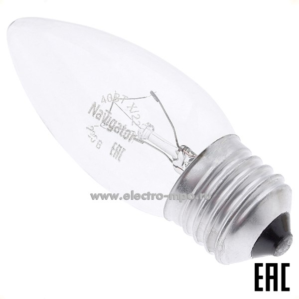 Л6475. Лампа 40Вт 94328 ЛОН NI-B-40-230-E27-CL накаливания "свеча" прозрачная (Navigator)