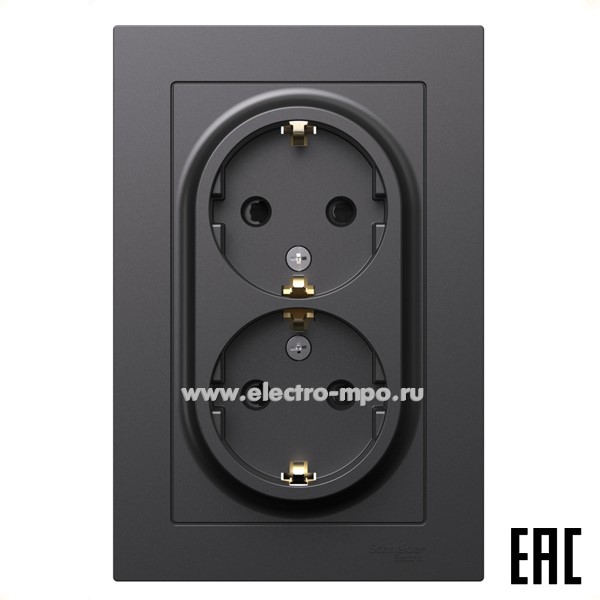 Ю3647. Розетка AtlasDesign ATN001426 двойная "евро" со шторками с/п базальт (Systeme Electric)