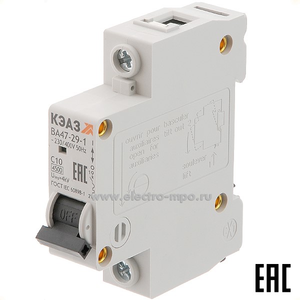 А1102. Автоматический выключатель ВА47-29-1C10 10А/1п/ 4,5кА на Din-рейку 318195 (КЭАЗ)