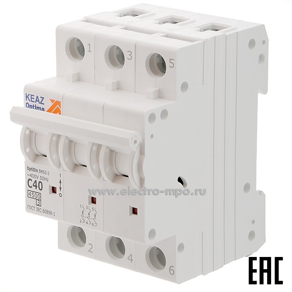 А1223. Автоматический выключатель OptiDin ВМ-63-3C40 40А/3п/ 4,5кА на Din-рейку 326816 (КЭАЗ)