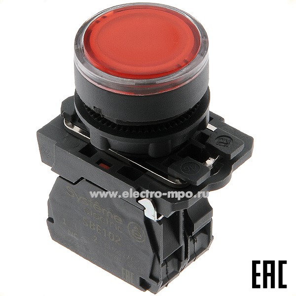 А5358. Выключатель кнопочный SB5AW34M2 красный 1р без фиксации c подсветкой 230В AC (Systeme Electric)