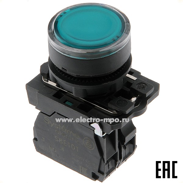 А5352. Выключатель кнопочный SB5AW33B1 зеленый 1з без фиксации c подсветкой 24В DC (Systeme Electric)
