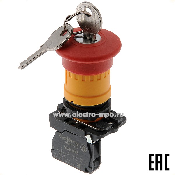 А5346. Выключатель кнопочный SB5AS9442 "Гриб" 40мм красный 1р с фиксацией с ключом (Systeme Electric)