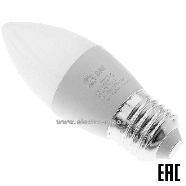 Л0380. Лампа 6Вт Б0067132 GREEN LINE LED B35-6W-840-E27 600Лм 4000К светодиодная "свеча" х/б свет (ЭРА)