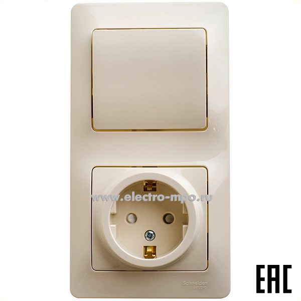 Р16. Блок Glossa GSL000270 выкл. 1кл. + розетка "евро" со шторками с/п бежевый (Systeme Electric)