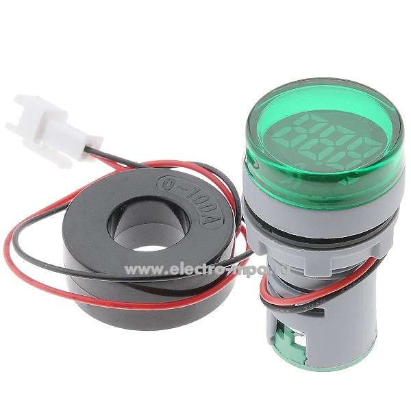 Б1828. Амперметр цифровой DMS-213  0-100А, 28,5 мм, уст. диам. 22 мм, индикация - зеленый (Ruichi Китай)