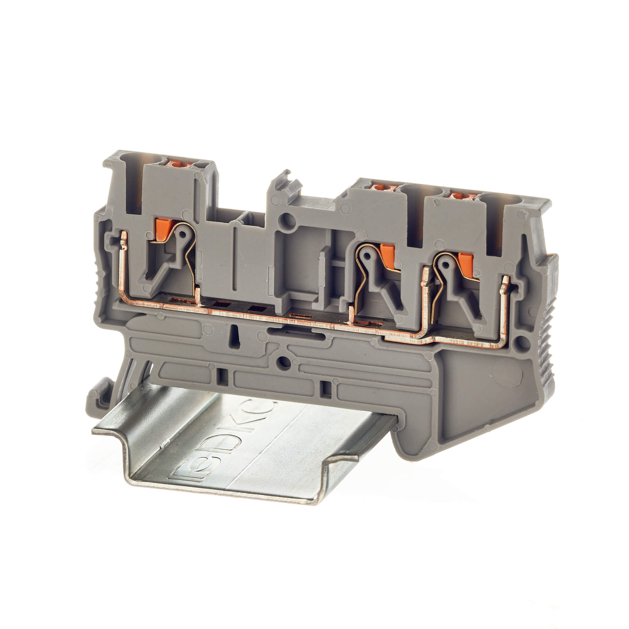 К23. Клемма VPR-2.5-TWIN-GY проходная, зажим push-in, 3 точки подключения, 2.5 кв.мм,  (ДКС)
