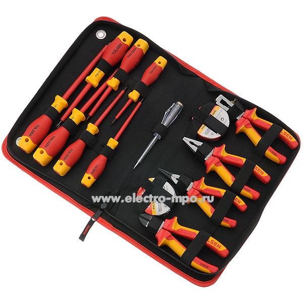 И3032. Набор V80114 изолированного электромонтажного инструмента 14 предметов VDE до 1000В (Tolsen, Китай)