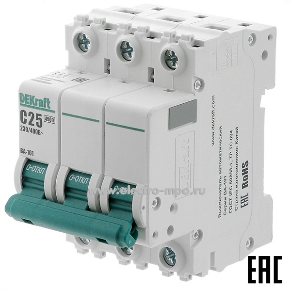 А0137. Автоматический выключатель ВА101-3P-025А-C 11080DEK C25А/3п/ 4,5кА на Din-рейку (DEKraft)