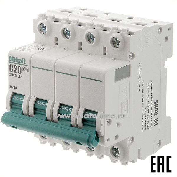 А0145. Автоматический выключатель ВА101-4P-020А-C 11091DEK C20А/4п/ 4,5кА на Din-рейку (DEKraft)