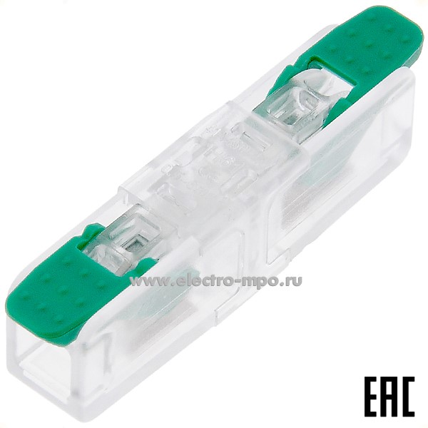 К4355. Зажим VSE-H61WG безвинтовой 1 пара х(0,5-6,0) кв.мм. проходной прозрачный-зеленый (Электромонтаж)