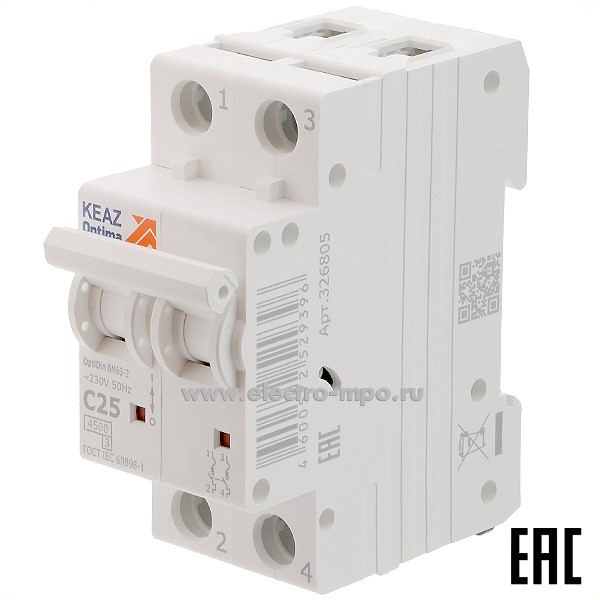 А1212. Автоматический выключатель OptiDin ВМ-63-2C25 25А/2п/ 4,5кА на Din-рейку 326805 (КЭАЗ)