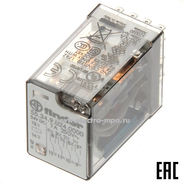 А9418. Реле промежуточное 55.34.9.024.0000 24В DC 7А 4перекл. контакта серия 55 (Finder)