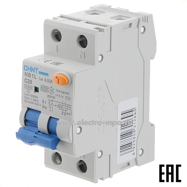 К9733. Дифф. автомат NB1L  203108 (тип АС) 20А-30мА 230В 1P+N 2мод. 10кА хар-ка С (CHINT)