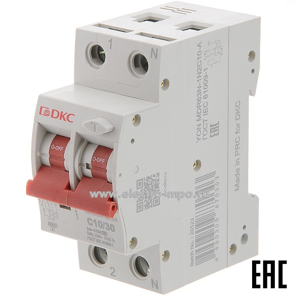 А1770. Дифф. автомат YON max MDR63N-1N2C10-A (тип А) 10А-30мА 230В 1Р+N 6кА (ДКС)