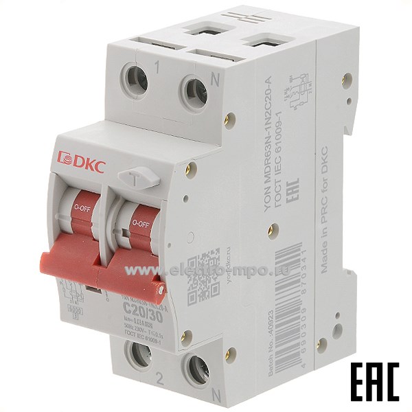 А1772. Дифф. автомат YON max MDR63N-1N2C20-A (тип А) 20А-30мА 230В 1Р+N 6кА (ДКС)