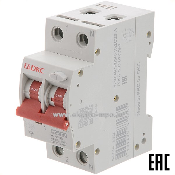 А1773. Дифф. автомат YON max MDR63N-1N2C25-A (тип А) 25А-30мА 230В 1Р+N 6кА (ДКС)