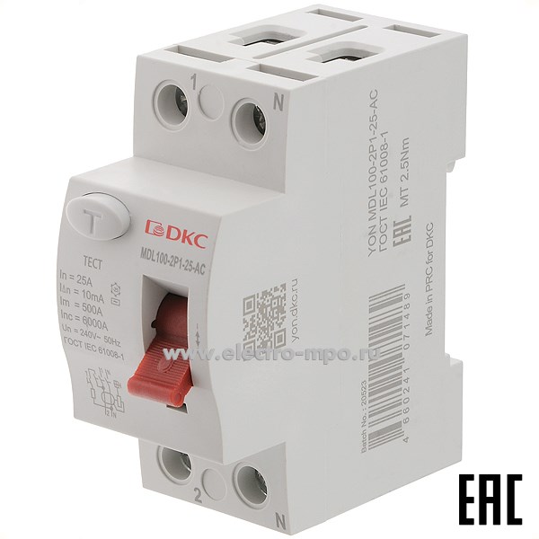 А1781. Устройство защитного откл. YON max MDL100-2P1-25-AC (тип AC) 25А-10мА 230В 2Р 6кА (ДКС)