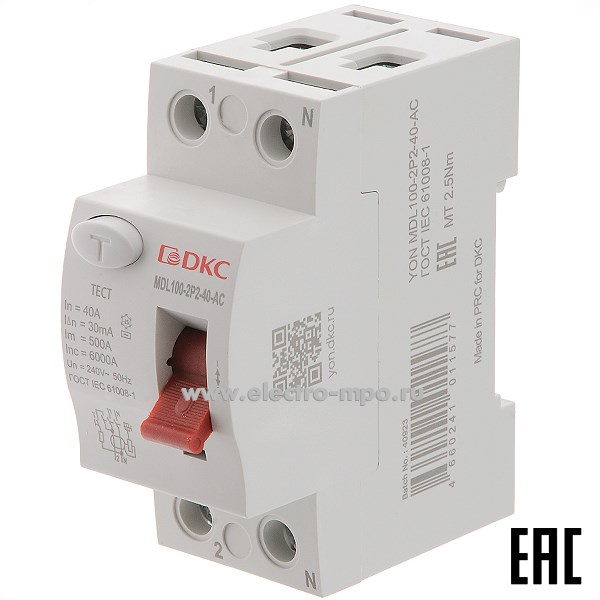 А1783. Устройство защитного откл. YON max MDL100-2P2-40-AC (тип AC) 40А-30мА 230В 2Р 6кА (ДКС)