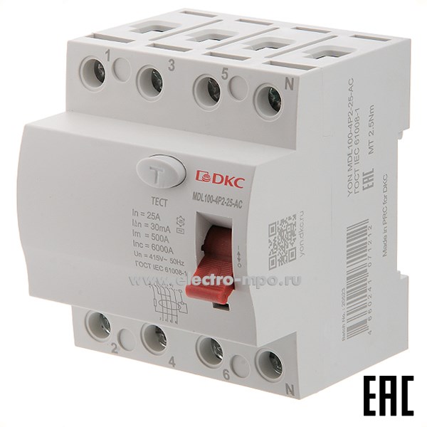А1786. Устройство защитного откл. YON max MDL100-4P2-25-AC (тип AC) 25А-30мА 400В 4Р 6кА (ДКС)