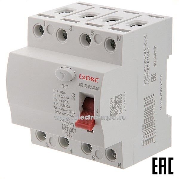 А1787. Устройство защитного откл. YON max MDL100-4P2-40-AC (тип AC) 40А-30мА 400В 4Р 6кА (ДКС)
