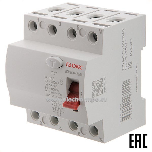 А1791. Устройство защитного откл. YON max MDL100-4P4-63-AC (тип AC) 63А-300мА 400В 4Р 6кА (ДКС)