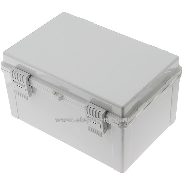 К0874. Коробка KG 300x200x160 пластиковая с петлями и пластик. защелками 300х200х160мм IP66 серая (Электро