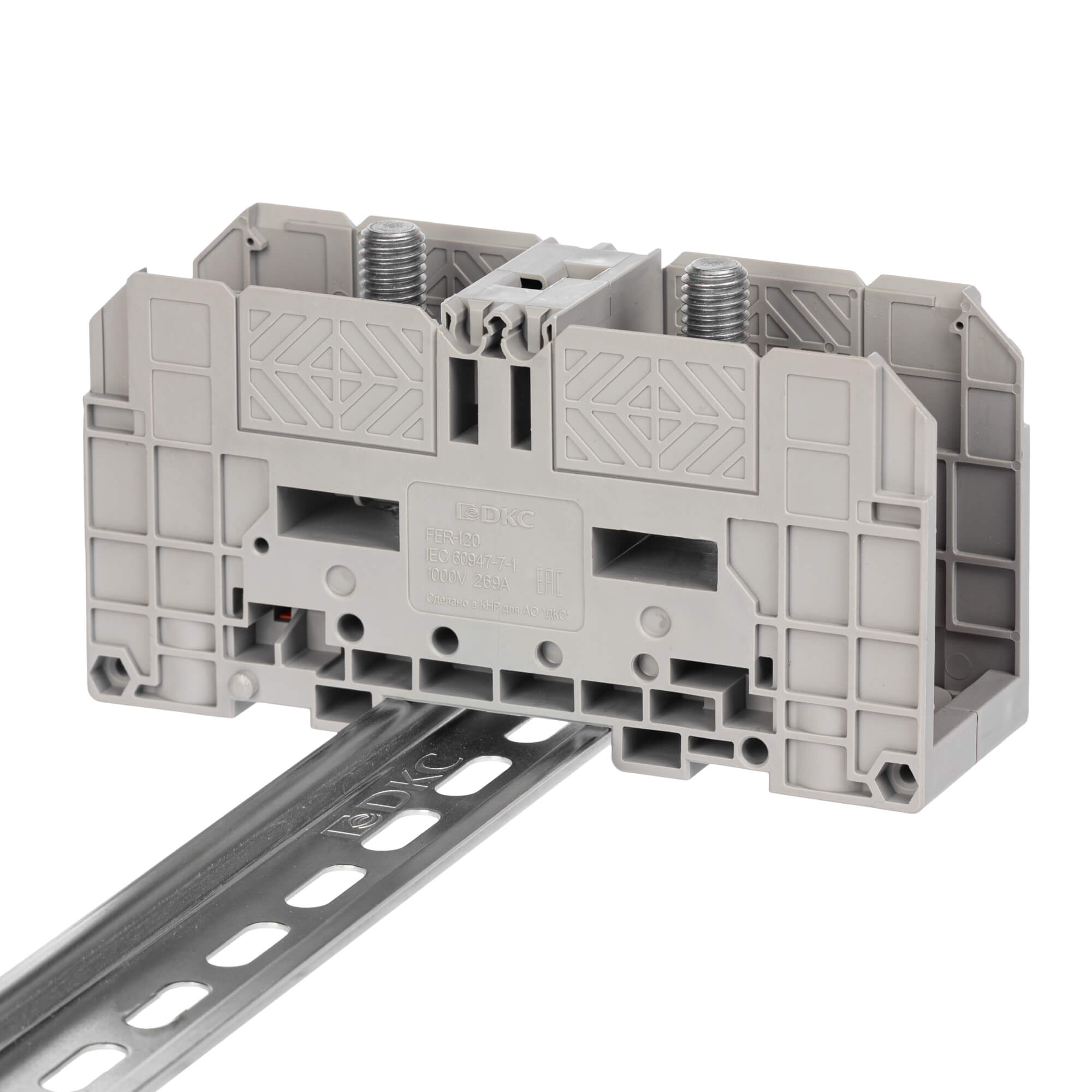 К22. Клемма FER-120 проходная, болтовой зажим, 2 точки подключения,  120 кв.мм,  (ДКС)