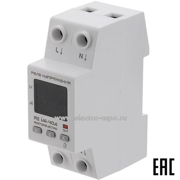 А7634. Реле напряжения RE VA-32A 1ф 220В Umin120-200В/Umax210-270В 32А 1з (ROSTOKELECTRO)