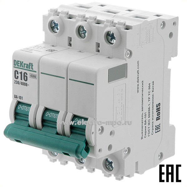А0135. Автоматический выключатель ВА101-3P-016А-C 11078DEK C16А/3п/ 4,5кА на Din-рейку (DEKraft)