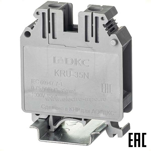К2218. Клемма KRU-35N винтовая серая 35мм2 125А 1000В ширина 15,2мм (ДКС)