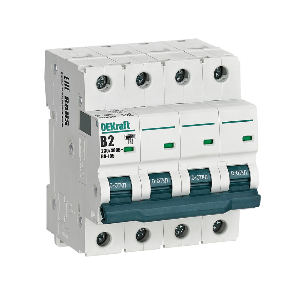 А01. Автоматический выключатель ВА-105 13137DEK 4P 2A х-ка B 10кА (DEKraft)