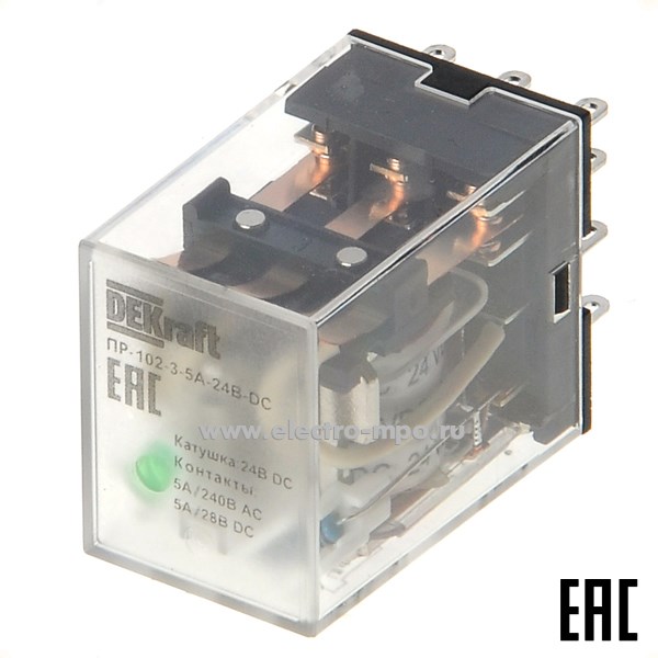 А4671. Реле промежуточное ПР-102-3-5A-24В-DC  23870DEK DC24В 5А 3 перекл. контакта LED (DEKraft)
