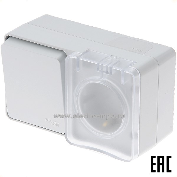 Ю5330. Блок AtlasDesign Profi54 ATN543070 (выкл. 1кл.+роз."евр" со штор.) IP54 о/п серый (SE)