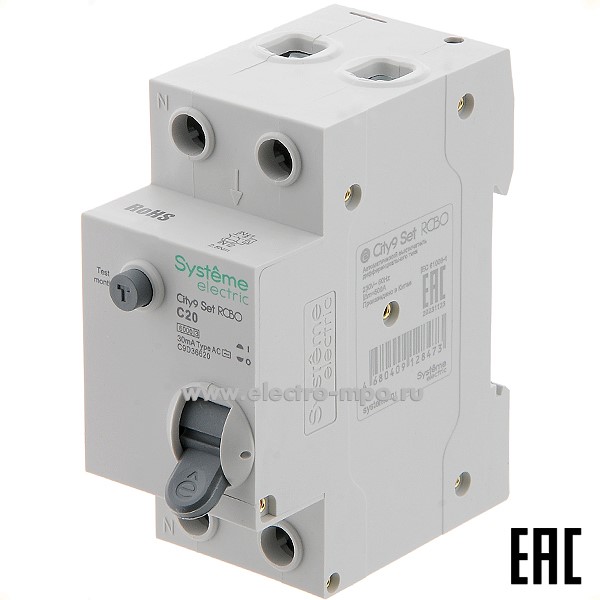 А0463. Дифф. автомат City9  C9D36620 (тип АС) C20А-30мА 230В 1P+N 6кА (Systeme Electric)