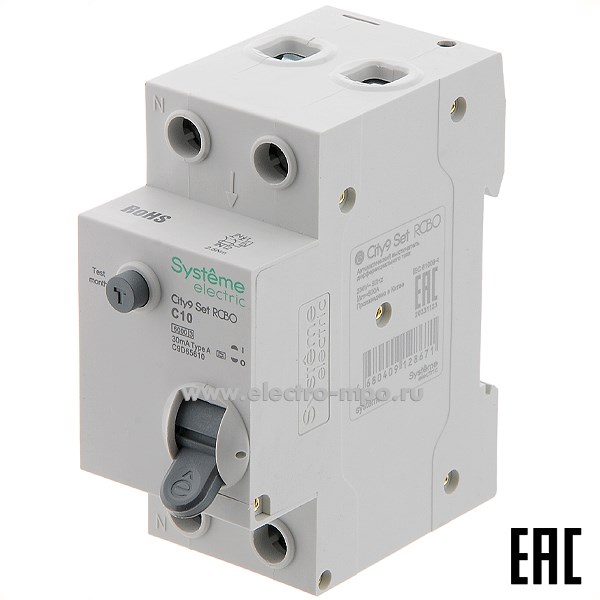 А0473. Дифф. автомат City9  C9D65610 (тип А) C10А-30мА 230В 1P+N 6кА (Systeme Electric)