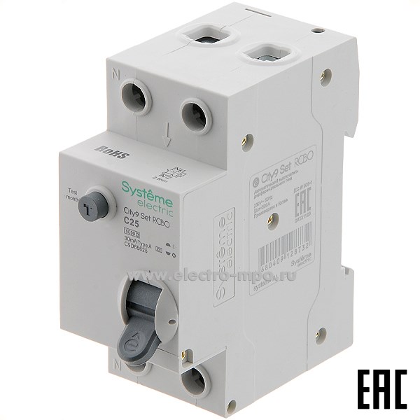 А0476. Дифф. автомат City9  C9D65625 (тип А) C25А-30мА 230В 1P+N 6кА (Systeme Electric)