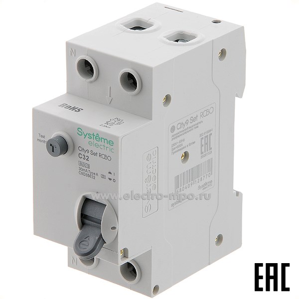 А0477. Дифф. автомат City9  C9D65632 (тип А) C32А-30мА 230В 1P+N 6кА (Systeme Electric)