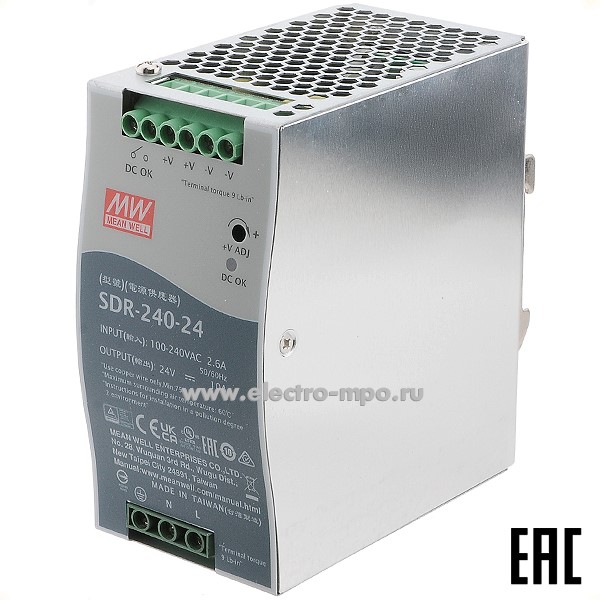 К9980. Блок питания SDR-240-24 1ф выход 24В пост. тока 10А стабилизированный  (Mean Well)