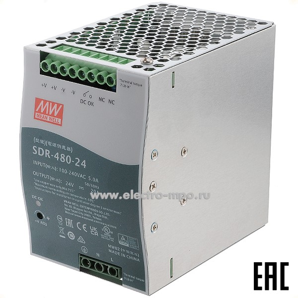 К9982. Блок питания SDR-480-24 1ф выход 24В пост. тока 20А стабилизированный  (Mean Well)