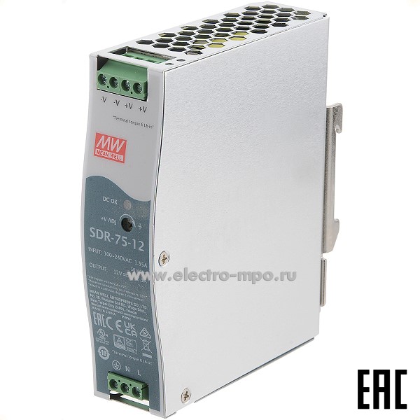 К9975. Блок питания SDR-75-12 1ф выход 12В пост. тока 6,3А стабилизированный  (Mean Well)