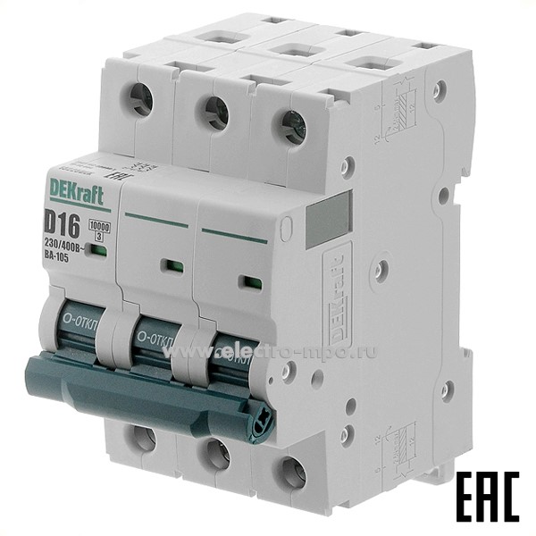 А0177. Автоматический выключатель ВА105-3P-016А-D 13225DEK D16А/3п/ 10кА на Din-рейку (DEKraft)
