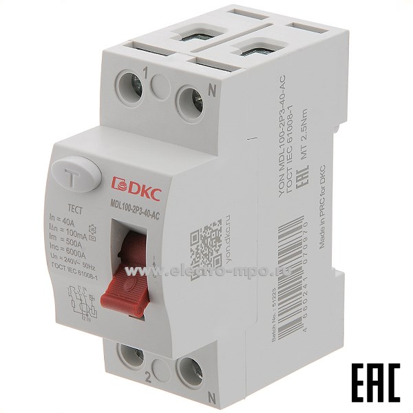 А1785. Устройство защитного откл. YON max MDL100-2P3-40-AC (тип AC) 40А-100мА 230В 2Р 6кА (ДКС)