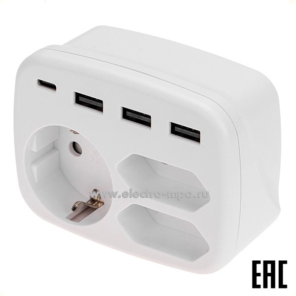 Р43. Тройник 11-1250 электрический 16А с/з + 2х2,5А + 3хUSB-A 2,4А + USB Type-C 3А белый (Rexant)